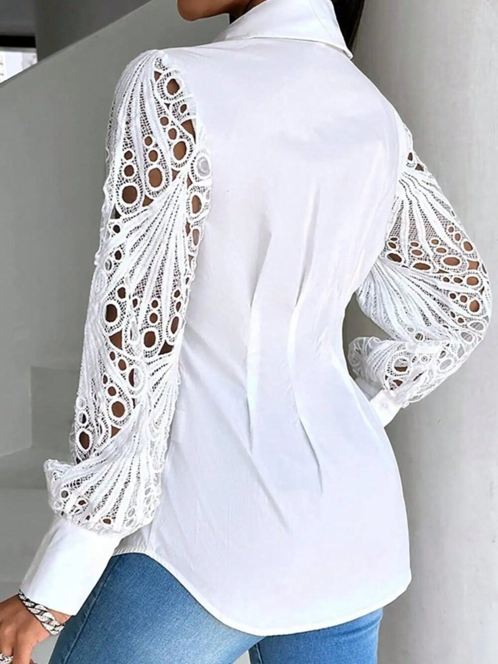 White Elegant Women's Plus Lace Hollow Sleeve Collar Shirt - Picture 2 of 4
